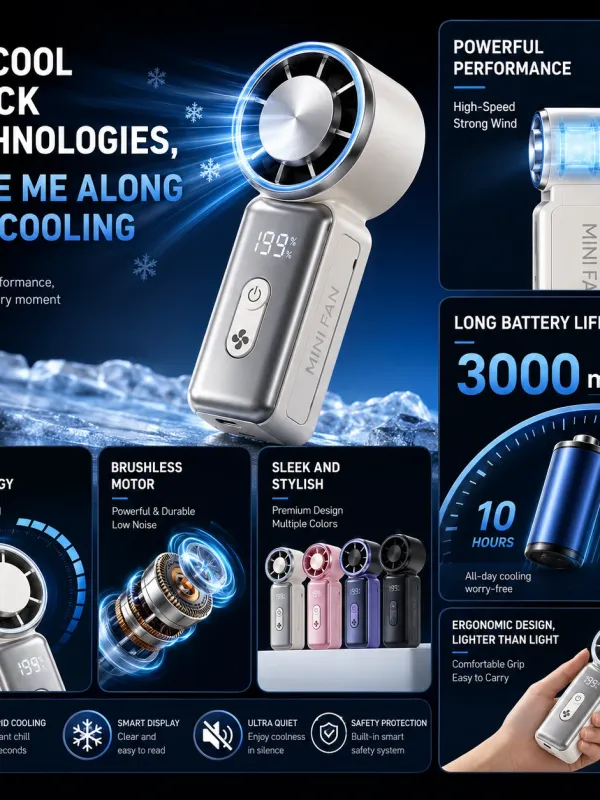 Handheld Portable Turbo Fan with LED Display &5 Speeds, Cyberpunk USB-C Rechargeable Small Pocket Fan Code 10016